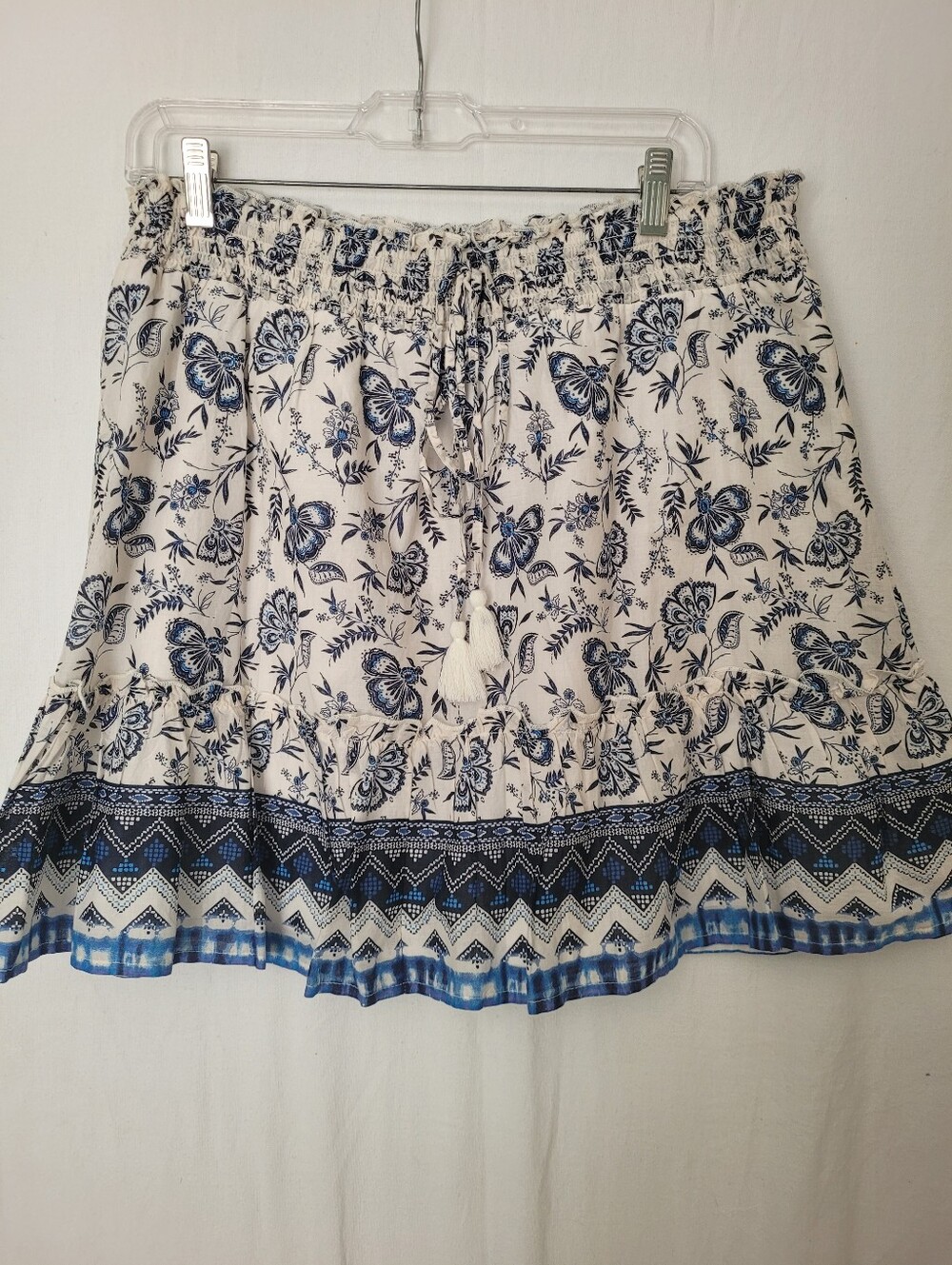 BeachLunchLounge 100% Cotton Mini Skirt Blue White Lined Size L Floral Casual